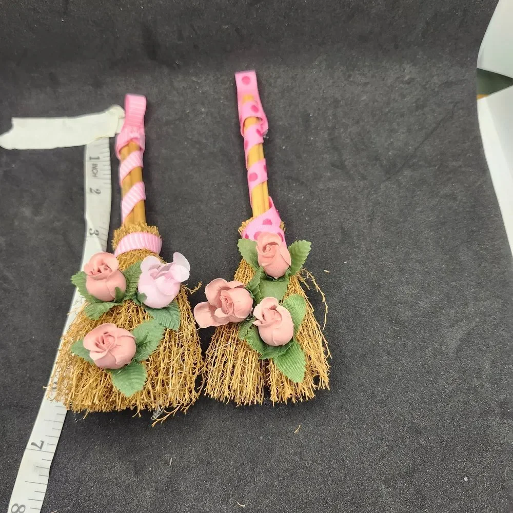 Hand Crafted Set of 2 Decorative Mini Brooms with Pink Roses